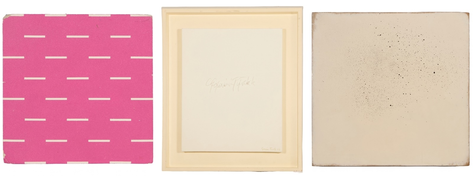 Left: ▲ Michael Craig-Martin (Irish, b.1941), Untitled (£600-800), Middle: ▲ Gavin Turk (British, b.1967), 'Self Portrait with Skull' (£1,500-2,000), Right: ▲ John Latham (British, 1921-2006), 'Noit (One Second Drawing)', 1971 (£3,000-5,000) – to be sold in our 24 November Tastemakers sale.